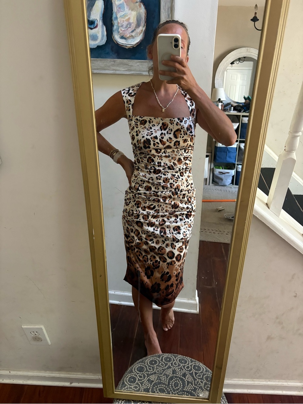 Nicole Miller Leopard-Print Square-Neck Midi Dress in Brown and Cream